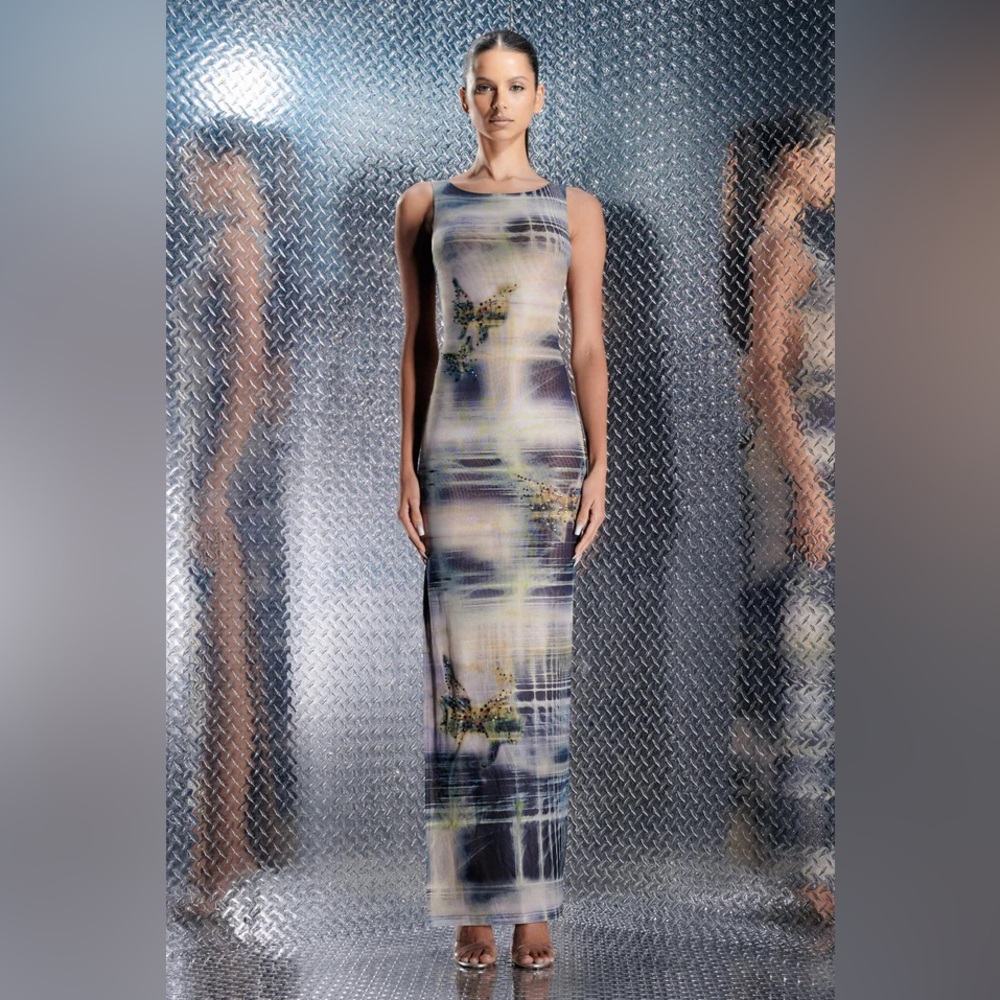 I.AM.GIA Blue Grey Green Y2K Butterfly Pattern Open Back Daphnia Maxi Dress